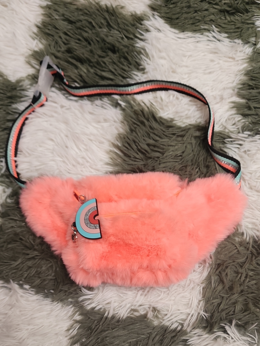 Claires Neon Red Fur Fanny Pack With Rainbow Charm